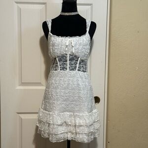White Lace Mini Dress with Ruffle Hem